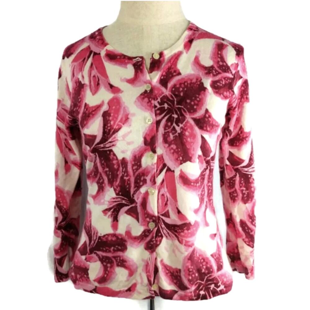 Garnet Hill 100% Merino Wool Floral Cardigan Sweater Pink Fuchsia Women's S